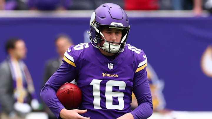 Oct 6, 2024; Tottenham, ENG; Minnesota Vikings Special Teams Will Reichard (16) during his practice session for the match against the New York Jets at Tottenham Hotspur Stadium. Mandatory Credit: Shaun Brooks-Imagn Images