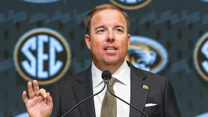 Missouri Tigers head coach Eliah Drinkwitz talks to the media during the SEC Media Days at Omni Atlanta Hotel.