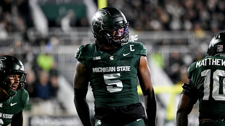Michigan State's Jordan Hall celebrates after a stop against Michigan during the second quarter on Saturday, Oct. 25, 2025, at Spartan Stadium in East Lansing. Michigan State's Jordan Hall celebrates after a stop against Michigan during the second quarter on Saturday, Oct. 25, 2025, at Spartan Stadium in East Lansing.