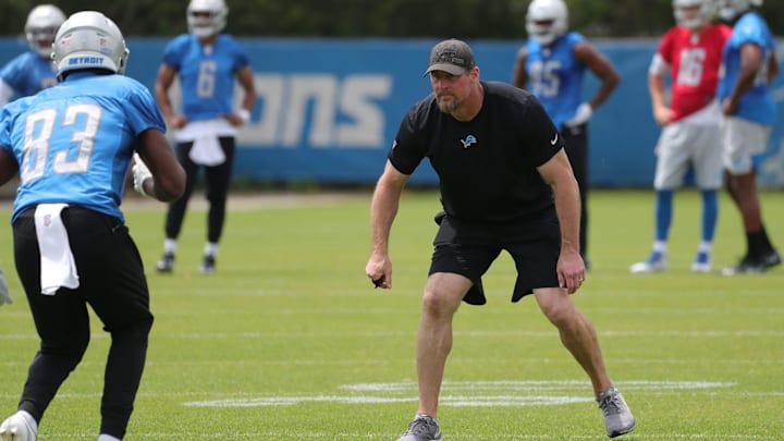 Detroit Lions head coach Dan Campbell takes part in drills during OTA practice Thursday, June 3, 2021, at the Allen Park practice facility.