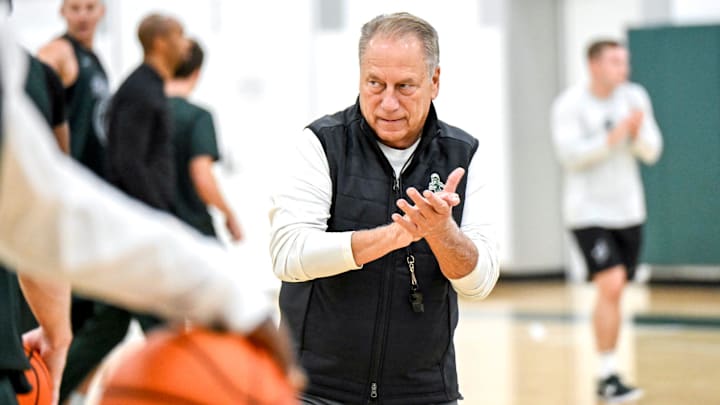 Michigan State's coach Tom Izzo looks on during the first day of basketball practice on Monday, Sept. 22, 2025, at the Breslin Center in East Lansing.