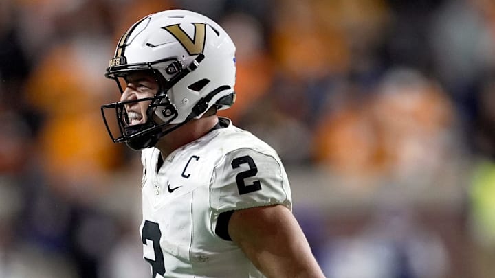 Vanderbilt quarterback Diego Pavia (2) celebrates after scoring a touchdown against Tennessee during the fourth quarter at Neyland Stadium in Knoxville, Tenn., Saturday, Nov. 29, 2025.