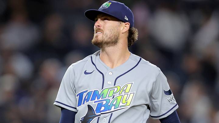 Sep 23, 2026; Bronx, New York, USA; Tampa Bay Rays starting pitcher Mason Englert (59) reacts during the third inning against the New York Yankees at Yankee Stadium. Mandatory Credit: Brad Penner-Imagn Images