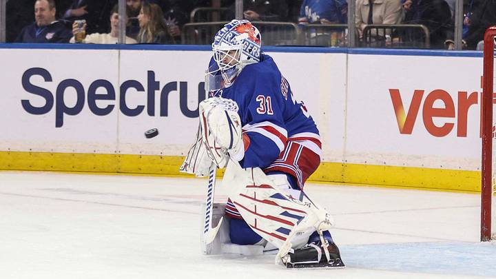 Oct 6, 2026; New York, New York, USA;  New York Rangers goaltender Igor Shesterkin (31) makes a save on a shot on goal attempt in the second period against the New York Islanders at Madison Square Garden.  Mandatory Credit: Wendell Cruz-Imagn Images