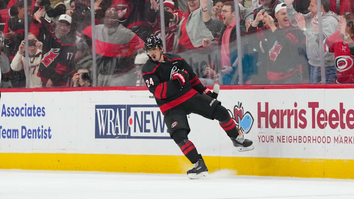 Feb 3, 2026; Raleigh, North Carolina, USA;  Carolina Hurricanes center Seth Jarvis (24) celebrates his goal against the Ottawa Senators during the second period at Lenovo Center. Mandatory Credit: James Guillory-Imagn Images