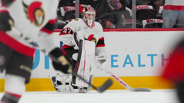Apr 20, 2026; Raleigh, North Carolina, USA; Ottawa Senators goaltender James Reimer (47) looks on during the warmups before the game against the Carolina Hurricanes in game two of the first round of the 2026 Stanley Cup Playoffs at Lenovo Center. Mandatory Credit: James Guillory-Imagn Images