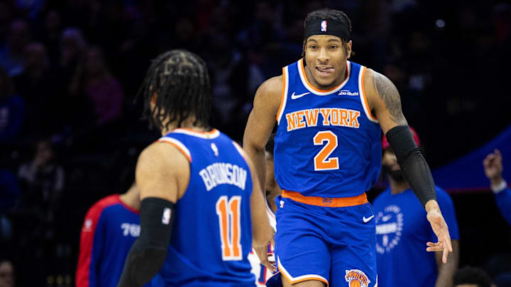 Jan 15, 2025; Philadelphia, Pennsylvania, USA; New York Knicks guard Miles McBride (2) reacts to his score against the Philadelphia 76ers during the fourth quarter at Wells Fargo Center. Mandatory Credit: Bill Streicher-Imagn Images