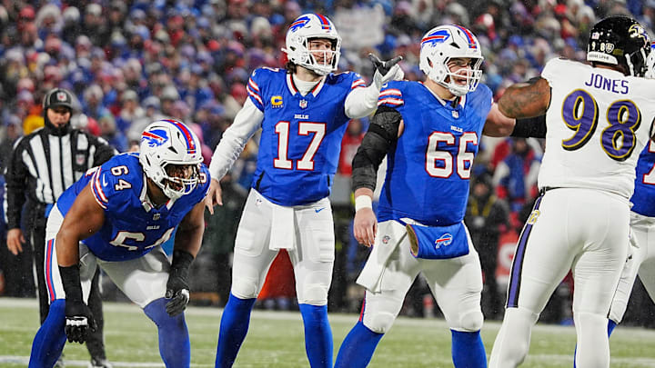 Buffalo Bills quarterback Josh Allen points to something he sees in the Ravens' lineup during first-half action at the Buffalo Bills divisional game against the Baltimore Ravens at Highmark Stadium in Orchard Park on Jan. 19, 2025.