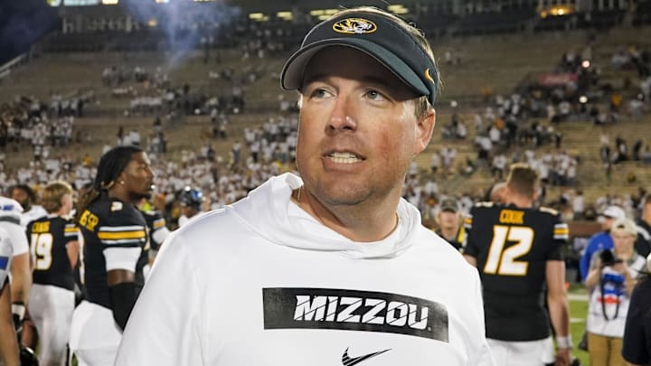 Sep 7, 2024; Columbia, Missouri, USA; Missouri Tigers head coach Eli Drinkwitz on field after the win over the Buffalo Bulls at Faurot Field at Memorial Stadium. Mandatory Credit: Denny Medley-Imagn Images