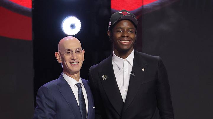 Jun 23, 2026; New York, NY, USA; NBA commissioner Adam Silver greets the fourth pick in the 2026 NBA draft, North Carolina forward Caleb Wilson after he was selected by the Chicago Bulls at Barclays Center. Mandatory Credit: Brad Penner-Imagn Images