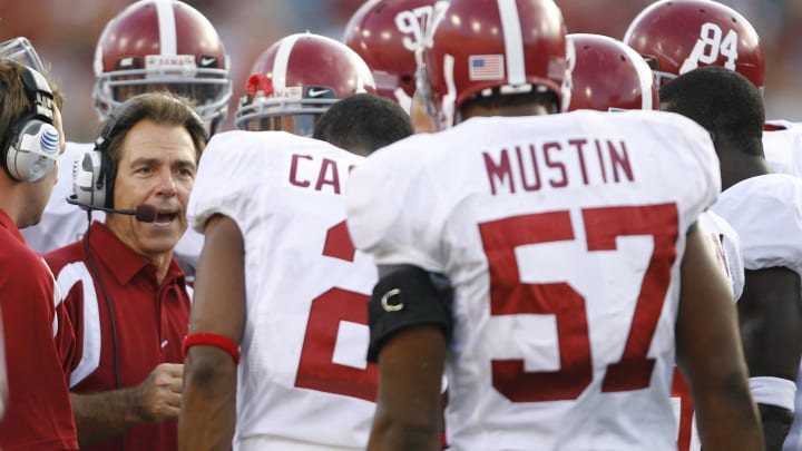 Sep 29, 2007; Jacksonville, FL, USA; Alabama Crimson Tide head coach Nick Saban during the first quarter against the Florida State Seminoles at Jacksonville Municipal Stadium in Jacksonville, Florida. Mandatory Credit: Jason Parkhurst-USA TODAY Sports Copyright © 2007 Jason Parkhurst