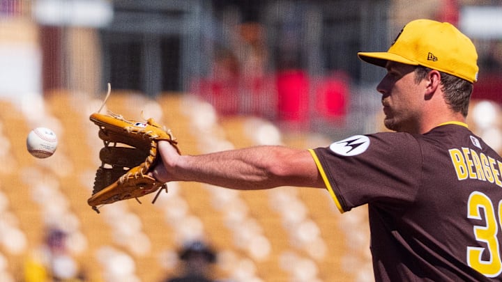 Feb 26, 2025; Phoenix, Arizona, USA; San Diego Padres starting pitcher Ryan Bergert (38) on the mound during the second inning of a spring game against the Chicago White Sox at Camelback Ranch-Glendale. Feb 26, 2025; Phoenix, Arizona, USA; San Diego Padres starting pitcher Ryan Bergert (38) on the mound during the second inning of a spring game against the Chicago White Sox at Camelback Ranch-Glendale.