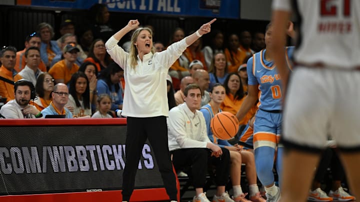 Mar 25, 2024; Raleigh, North Carolina, USA; Tennessee Lady Vols head coach Kellie Harper calls out a play in the second round of the 2024 NCAA Women's Tournament at James T. Valvano Arena at William Neal Reynolds. Mandatory Credit: William Howard-Imagn Images