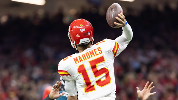 Feb 9, 2025; New Orleans, LA, USA; Detailed view of the jersey of Kansas City Chiefs quarterback Patrick Mahomes (15) against the Philadelphia Eagles in Super Bowl LIX at Ceasars Superdome. Mandatory Credit: Mark J. Rebilas-Imagn Images Feb 9, 2025; New Orleans, LA, USA; Detailed view of the jersey of Kansas City Chiefs quarterback Patrick Mahomes (15) against the Philadelphia Eagles in Super Bowl LIX at Ceasars Superdome. Mandatory Credit: Mark J. Rebilas-Imagn Images