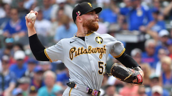 Aug 16, 2025; Chicago, Illinois, USA; Pittsburgh Pirates starting pitcher Mike Burrows (53) pitches during a game against the Chicago Cubs at Wrigley Field. Mandatory Credit: Patrick Gorski-Imagn Images
