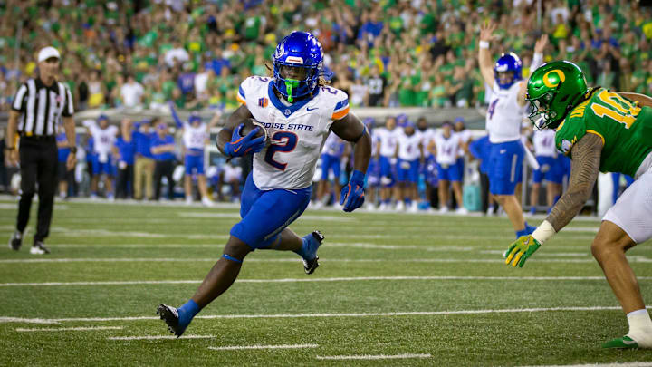 Boise State running back Ashton Jeanty carries the ball for a touchdown as the Oregon Ducks host the Boise State Broncos Saturday, Sept. 7, 2024 at Autzen Stadium in Eugene, Ore.