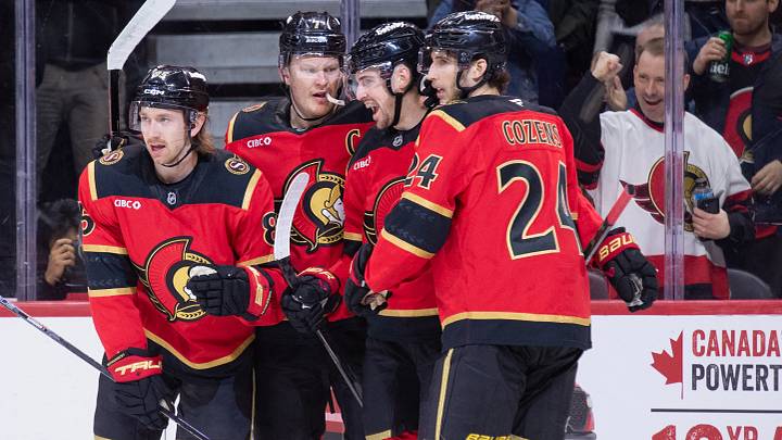 Apr 9, 2026; Ottawa, Ontario, CAN; Ottawa Senators right wing Drake Batherson (19) celebrates with defenseman Jakes Sanderson (85) and left wing Brady Tkachuk (7) and center Dylan Cozens (24)  for his goal scored in the first period against the Florida Panthers at the Canadian Tire Centre. Mandatory Credit: Marc DesRosiers-IMAGN Images