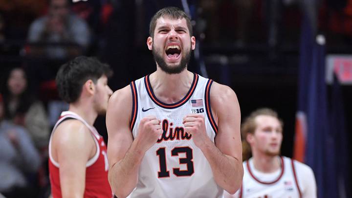 Dec 13, 2025; Champaign, Illinois, USA; Illinois Fighting Illini center Tomislav Ivisic (13) reacts after scoring during the second half against the Nebraska Cornhuskers at State Farm Center. Mandatory Credit: Ron Johnson-Imagn Images Dec 13, 2025; Champaign, Illinois, USA; Illinois Fighting Illini center Tomislav Ivisic (13) reacts after scoring during the second half against the Nebraska Cornhuskers at State Farm Center. Mandatory Credit: Ron Johnson-Imagn Images