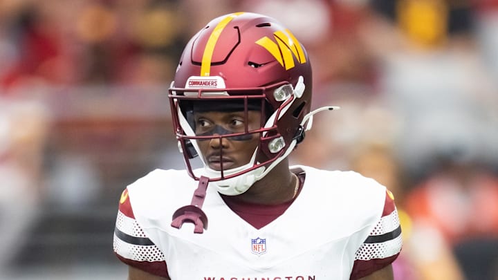Sep 29, 2024; Glendale, Arizona, USA; Washington Commanders wide receiver Terry McLaurin (17) against the Arizona Cardinals at State Farm Stadium. Mandatory Credit: Mark J. Rebilas-Imagn Images
