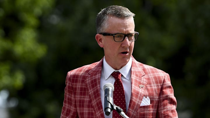 Sep 7, 2024; Tuscaloosa, Alabama, USA; Athletics Director Greg Byrne speaks during a ceremony to rename the field at Bryant-Denny Stadium in honor of former Alabama Crimson Tide head coach Nick Saban. The new name is Saban Field at Bryant-Denny Stadium.. Mandatory Credit: Gary Cosby Jr.-Imagn Images Sep 7, 2024; Tuscaloosa, Alabama, USA; Athletics Director Greg Byrne speaks during a ceremony to rename the field at Bryant-Denny Stadium in honor of former Alabama Crimson Tide head coach Nick Saban. The new name is Saban Field at Bryant-Denny Stadium.. Mandatory Credit: Gary Cosby Jr.-Imagn Images