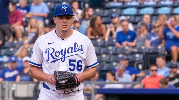 May 10, 2023; Kansas City, Missouri, USA; Kansas City Royals starting pitcher Brad Keller (56) on the mound during the first inning against the Chicago White Sox at Kauffman Stadium. May 10, 2023; Kansas City, Missouri, USA; Kansas City Royals starting pitcher Brad Keller (56) on the mound during the first inning against the Chicago White Sox at Kauffman Stadium.