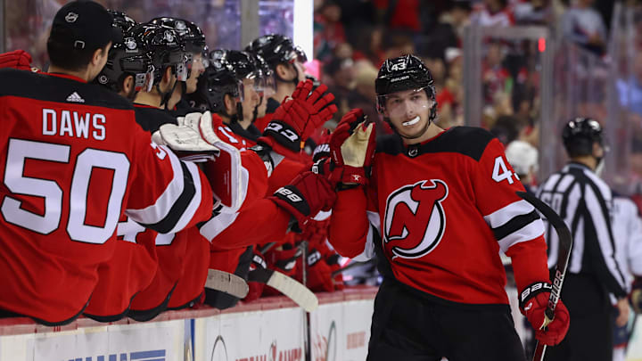 Dec 27, 2023; Newark, New Jersey, USA; New Jersey Devils defenseman Luke Hughes (43) celebrates his goal against the Columbus Blue Jackets during the third period at Prudential Center. Mandatory Credit: Ed Mulholland-Imagn Images