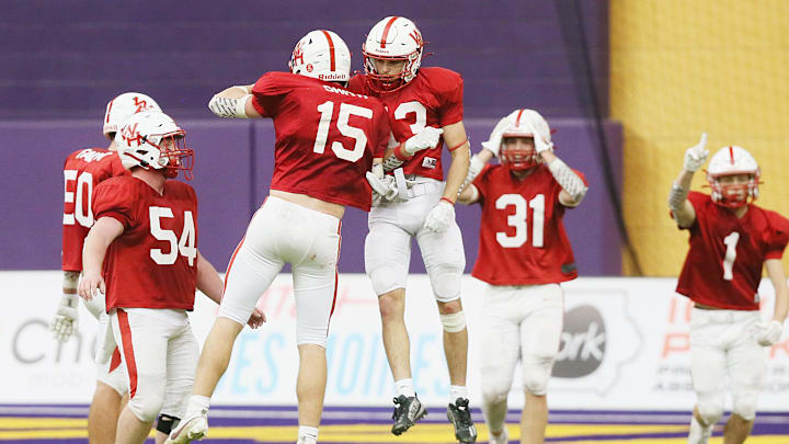 West Hancock players celebrate during a semifinal round win last year in the playoffs. The Eagles advanced to the quarterfinals Friday night with a victory over MMCRU.
