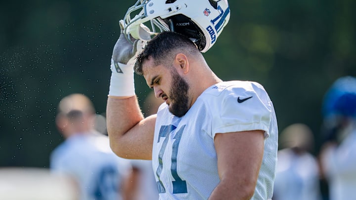 Indianapolis Colts offensive tackle Matt Goncalves (71) prepares for stretching Thursday, July 24, 2025, during training camp held at Grand Park in Westfield. Indianapolis Colts offensive tackle Matt Goncalves (71) prepares for stretching Thursday, July 24, 2025, during training camp held at Grand Park in Westfield.