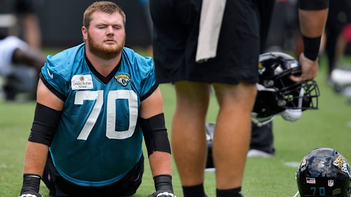 Jacksonville Jaguars offensive tackle Cole Van Lanen (70) stretches during warmups at day two of the Jacksonville Jaguars three day rookie minicamp at TIAA Bank Field in Jacksonville, FL Tuesday, June 13, 2023. Jacksonville Jaguars offensive tackle Cole Van Lanen (70) stretches during warmups at day two of the Jacksonville Jaguars three day rookie minicamp at TIAA Bank Field in Jacksonville, FL Tuesday, June 13, 2023.