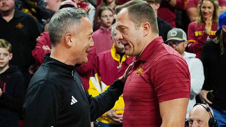 Iowa State Cyclones men's basketball head coach T.J. Otzelberger greets Texas Tech Red Raiders men's basketball head coach Grant McCasland before the game in the Big-12 conference men’s basketball showdown on Feb. 28, 2026, at Hilton Coliseum in Ames, Iowa. Iowa State Cyclones men's basketball head coach T.J. Otzelberger greets Texas Tech Red Raiders men's basketball head coach Grant McCasland before the game in the Big-12 conference men’s basketball showdown on Feb. 28, 2026, at Hilton Coliseum in Ames, Iowa.