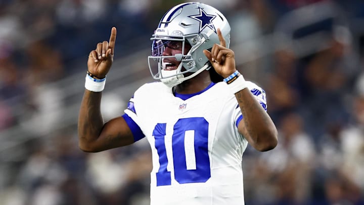 Dallas Cowboys quarterback Joe Milton III reacts during the first half against the Atlanta Falcons.