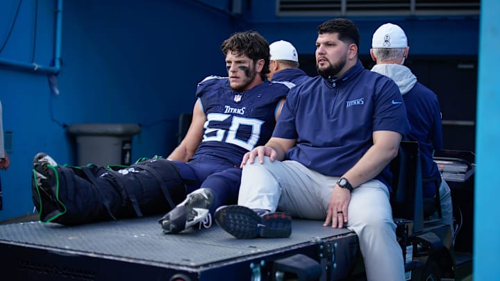 Tennessee Titans linebacker Jack Gibbens (50) is carted off the field during the third quarter against the Minnesota Vikings at Nissan Stadium in Nashville, Tenn., Sunday, Nov. 17, 2024.