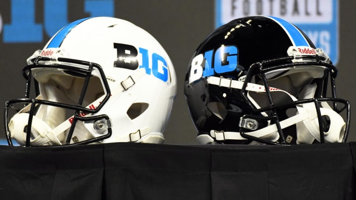 Jul 26, 2022; Indianapolis, IN, USA; Big Ten conference helmets are displayed during Big 10 football media days at Lucas Oil Stadium. Mandatory Credit: Robert Goddin-USA TODAY Sports Jul 26, 2022; Indianapolis, IN, USA; Big Ten conference helmets are displayed during Big 10 football media days at Lucas Oil Stadium. Mandatory Credit: Robert Goddin-USA TODAY Sports