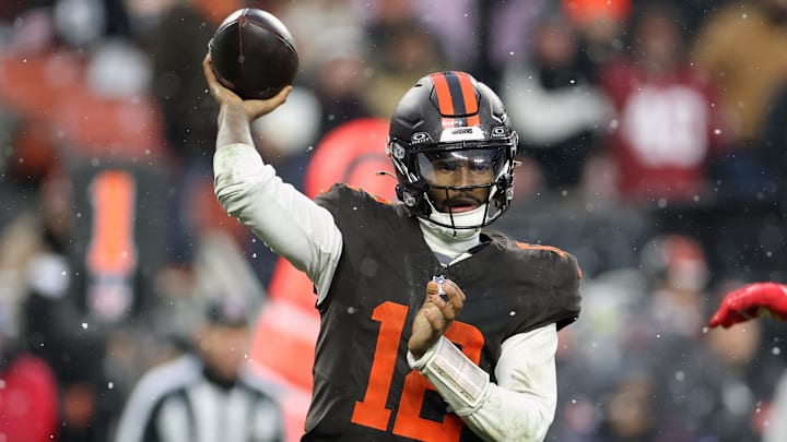 Dec 7, 2025; Cleveland, Ohio, USA; Cleveland Browns quarterback Shedeur Sanders (12) throws a pass against the Tennessee Titans during the fourth quarter at Huntington Bank Field. Mandatory Credit: Scott Galvin-Imagn Images Dec 7, 2025; Cleveland, Ohio, USA; Cleveland Browns quarterback Shedeur Sanders (12) throws a pass against the Tennessee Titans during the fourth quarter at Huntington Bank Field. Mandatory Credit: Scott Galvin-Imagn Images