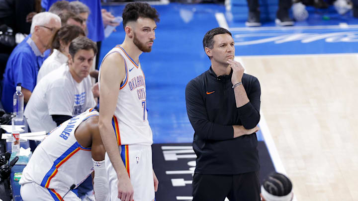 Jun 16, 2025; Oklahoma City, Oklahoma, USA; Oklahoma City Thunder forward Chet Holmgren (7) and head coach Mark Daigneault during the fourth quarter against the Indiana Pacers in game five of the 2025 NBA Finals at Paycom Center. Mandatory Credit: Alonzo Adams-Imagn Images