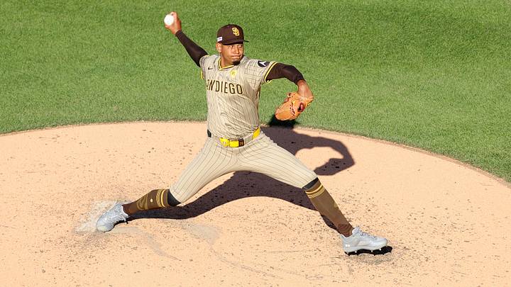 Jun 15, 2024; New York City, New York, USA; San Diego Padres relief pitcher Jhony Brito (76) pitches against the New York Mets during the fifth inning at Citi Field. Mandatory Credit: Brad Penner-Imagn Images
