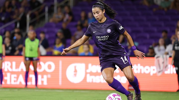 Jul 23, 2023; Orlando, FL, USA; Orlando Pride midfielder Viviana Villacorta (14) plays the ball in the second half against New Jersey/New York Gotham FC at Exploria Stadium. Mandatory Credit: Nathan Ray Seebeck-USA TODAY Sports