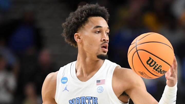 North Carolina Tar Heels guard Seth Trimble (7) drives to the basket Thursday, March 19, 2026, during the NCAA Men’s Basketball Tournament first round game against the VCU Rams at Bon Secours Wellness Arena in Greenville, South Carolina.