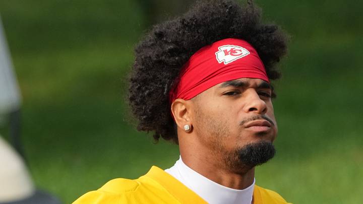 Jul 29, 2026; St. Joseph, MO, USA; Kansas City Chiefs cornerback Mansoor Delane (5) walks down the hill to the fields prior to training camp at Missouri Western State University. Mandatory Credit: Denny Medley-Imagn Images