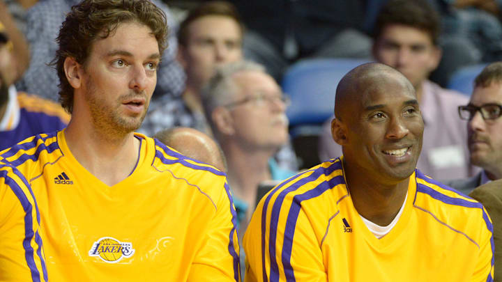 Los Angeles Lakers forward Pau Gasol (left) and guard Kobe Bryant during the game against the Denver Nuggets at Citizens Business Bank Arena. Los Angeles Lakers forward Pau Gasol (left) and guard Kobe Bryant during the game against the Denver Nuggets at Citizens Business Bank Arena.