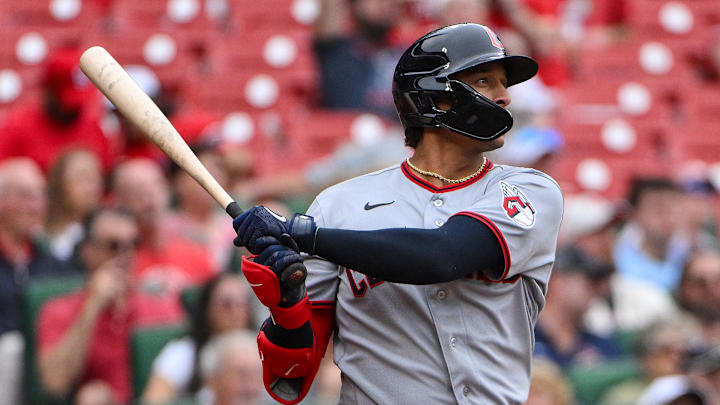 Apr 15, 2026: Cleveland Guardians catcher Bo Naylor (23) hits a two run double against the St. Louis Cardinals during the seventh inning at Busch Stadium. Players and coaches are wearing number 42 in recognition of Jackie Robinson Day. Apr 15, 2026: Cleveland Guardians catcher Bo Naylor (23) hits a two run double against the St. Louis Cardinals during the seventh inning at Busch Stadium. Players and coaches are wearing number 42 in recognition of Jackie Robinson Day.