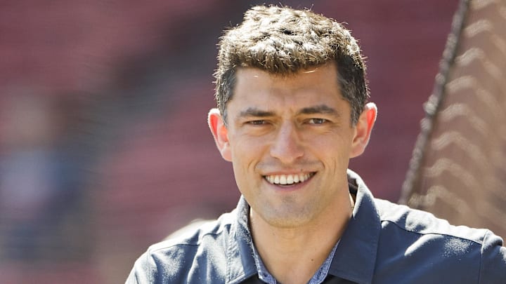 Aug 28, 2022; Boston, Massachusetts, USA; Chaim Bloom, Chief Baseball Officer of the Boston Red Sox on the field before the game between the Boston Red Sox and the Tampa Bay Rays at Fenway Park. Mandatory Credit: Winslow Townson-Imagn Images