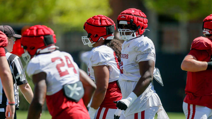 David Stone (0) runs drills during an Oklahoma football practice