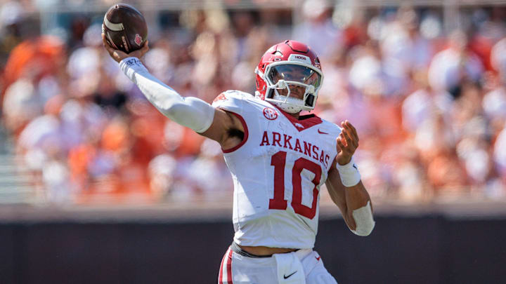 Sep 7, 2024; Stillwater, Oklahoma, USA; Arkansas Razorbacks quarterback Taylen Green (10) passes during the third quarter against the Oklahoma State Cowboys at Boone Pickens Stadium. Mandatory Credit: William Purnell-Imagn Images Sep 7, 2024; Stillwater, Oklahoma, USA; Arkansas Razorbacks quarterback Taylen Green (10) passes during the third quarter against the Oklahoma State Cowboys at Boone Pickens Stadium. Mandatory Credit: William Purnell-Imagn Images
