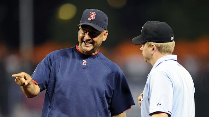 July 18, 2011; Baltimore, MD, USA; Boston Red Sox manager Terry Francona (left) argues a call with first base umpire Mike Muchlinski in the seventh inning against the Baltimore Orioles at Oriole Park at Camden Yards. The Red Sox defeated the Orioles 15 - 10. Mandatory Credit: Joy R. Absalon-Imagn Images July 18, 2011; Baltimore, MD, USA; Boston Red Sox manager Terry Francona (left) argues a call with first base umpire Mike Muchlinski in the seventh inning against the Baltimore Orioles at Oriole Park at Camden Yards. The Red Sox defeated the Orioles 15 - 10. Mandatory Credit: Joy R. Absalon-Imagn Images