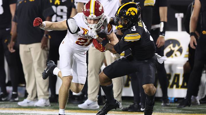 Sep 12, 2026; Iowa City, Iowa, USA;  Iowa Hawkeyes defensive back Jaylen Watson (3) tackles Iowa State Cyclones running back Aiden Flora (21) during the third quarter at Kinnick Stadium.  Mandatory Credit: Reese Strickland-Imagn Images
