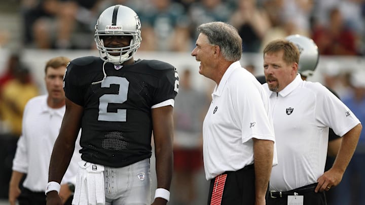 Aug 6, 2006; Canton, OH, USA; Oakland Raiders offensive coordinator Tom walsh talks with Aug 6, 2006; Canton, OH, USA; Oakland Raiders offensive coordinator Tom walsh talks with
