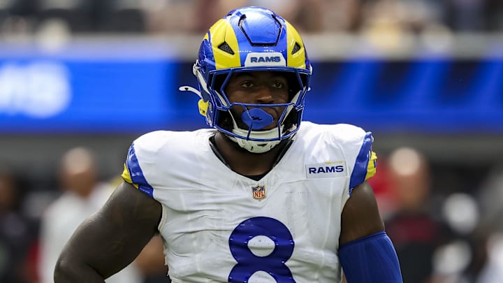 Sep 7, 2025; Inglewood, California, USA; Los Angeles Rams linebacker Jared Verse (8) wearing the NFL gold shield patch during the third quarter at SoFi Stadium. Mandatory Credit: Kiyoshi Mio-Imagn Images