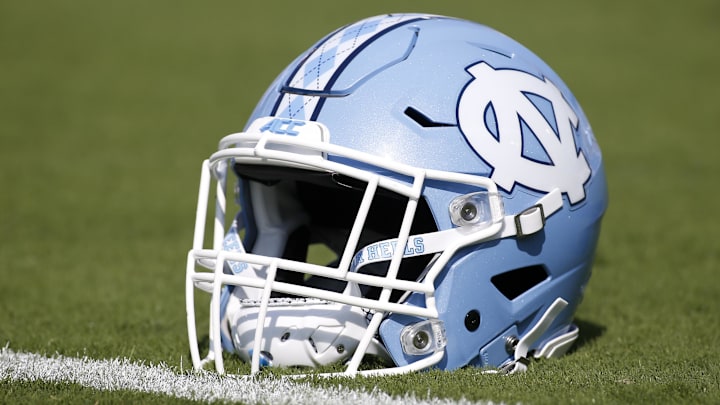 Sep 30, 2017; Atlanta, GA, USA; Detailed view of a North Carolina Tar Heels helmet on the field before a game against the Georgia Tech Yellow Jackets at Bobby Dodd Stadium. Mandatory Credit: Brett Davis-Imagn Images