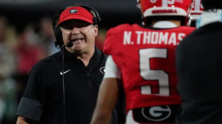 Georgia Bulldogs coach Kirby Smart on the sideline during the first half of a NCAA college football game against Alabama in Athens, Ga., on Saturday, September 27, 2025. Georgia Bulldogs coach Kirby Smart on the sideline during the first half of a NCAA college football game against Alabama in Athens, Ga., on Saturday, September 27, 2025.
